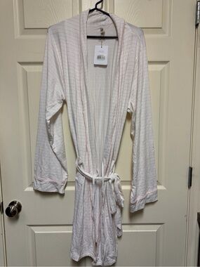 Women's Light Pink Striped Hooded Robe with Tie Belt